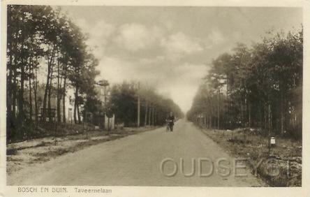 Tav-1928-001.jpg - De Taveernelaan is in 1910 vernoemd naar de uitspanning die aan het begin van de weg lag. Dit etablissement heette 'Bosch en Duin', nu ''De Hoefslag''. Opname van 1928.